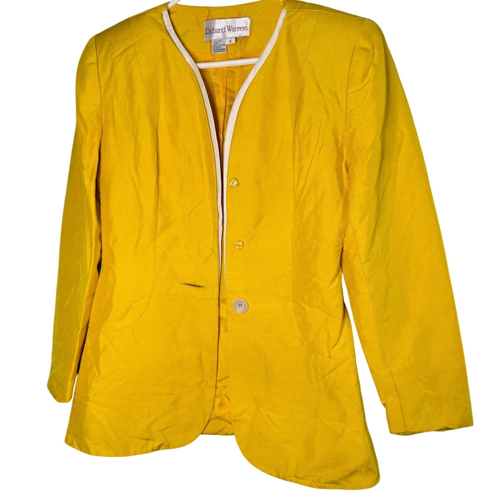 Vintage 80s Richard Warren 100% Silk Yellow Women's Long Blazer‎ Size 6